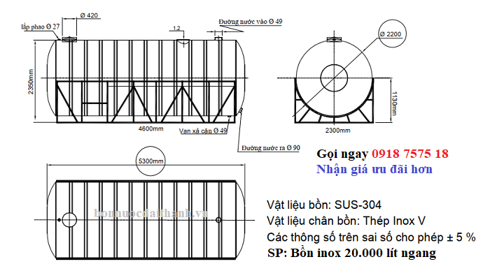 Bồn nước inox công nghiệp 20000 lít ngang