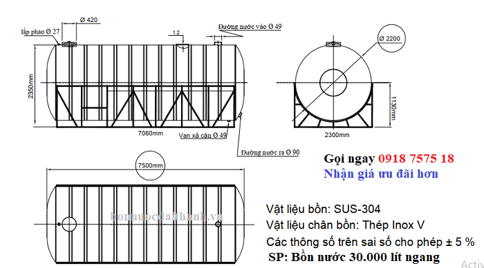 Bồn nước inox công nghiệp 30000 lít ngang
