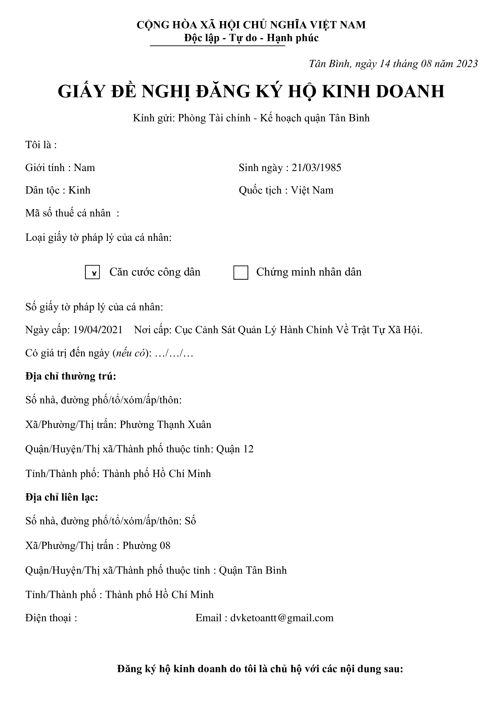 Giấy đề nghị đăng ký hộ kinh doanh cá thể Thanh Trí Giấy đề nghị đăng ký hộ kinh doanh cá thể Thanh Trí
