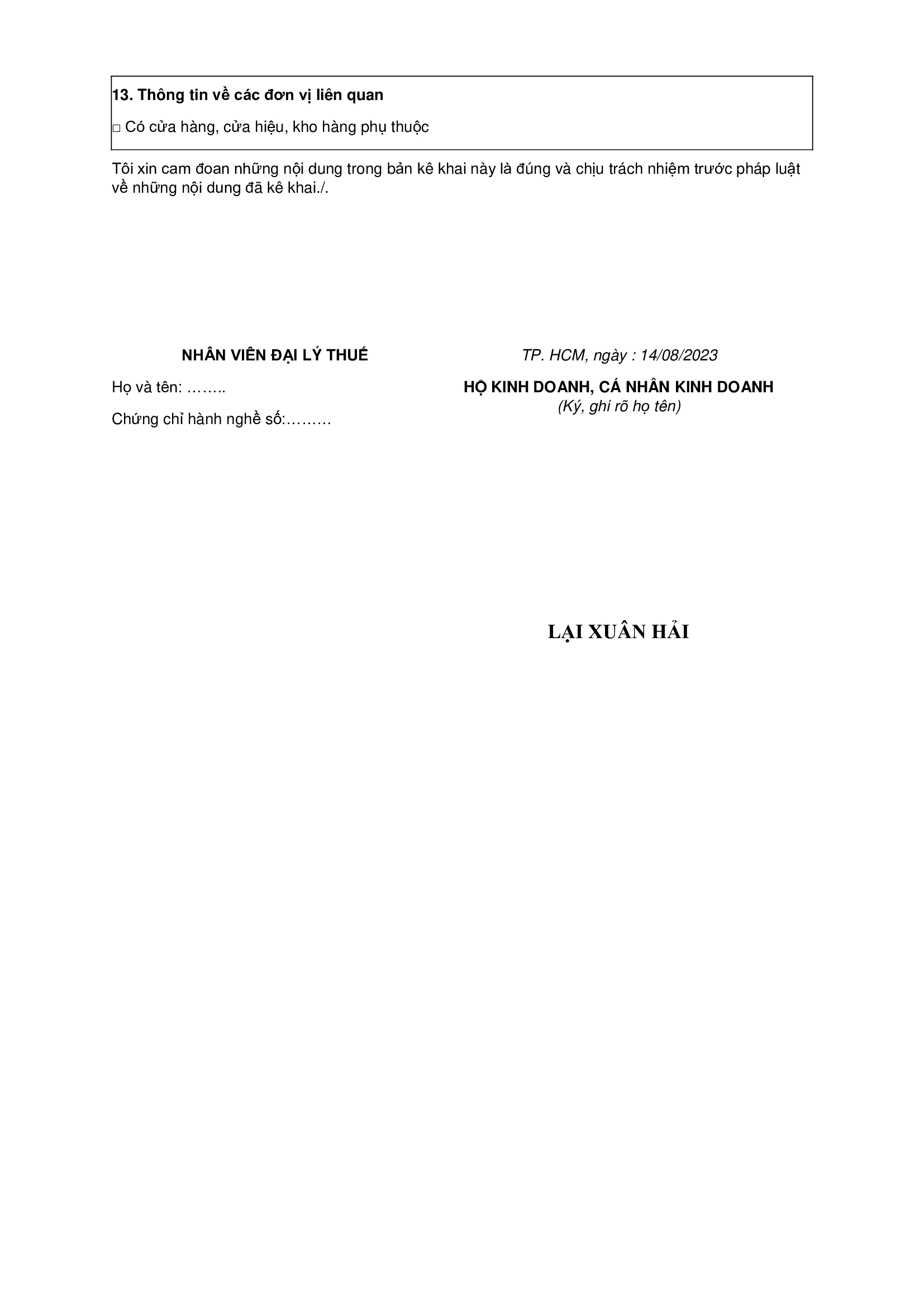 Tờ khai thuế hộ kinh doanh cá thể Thanh Trí Tờ khai thuế hộ kinh doanh cá thể Thanh Trí