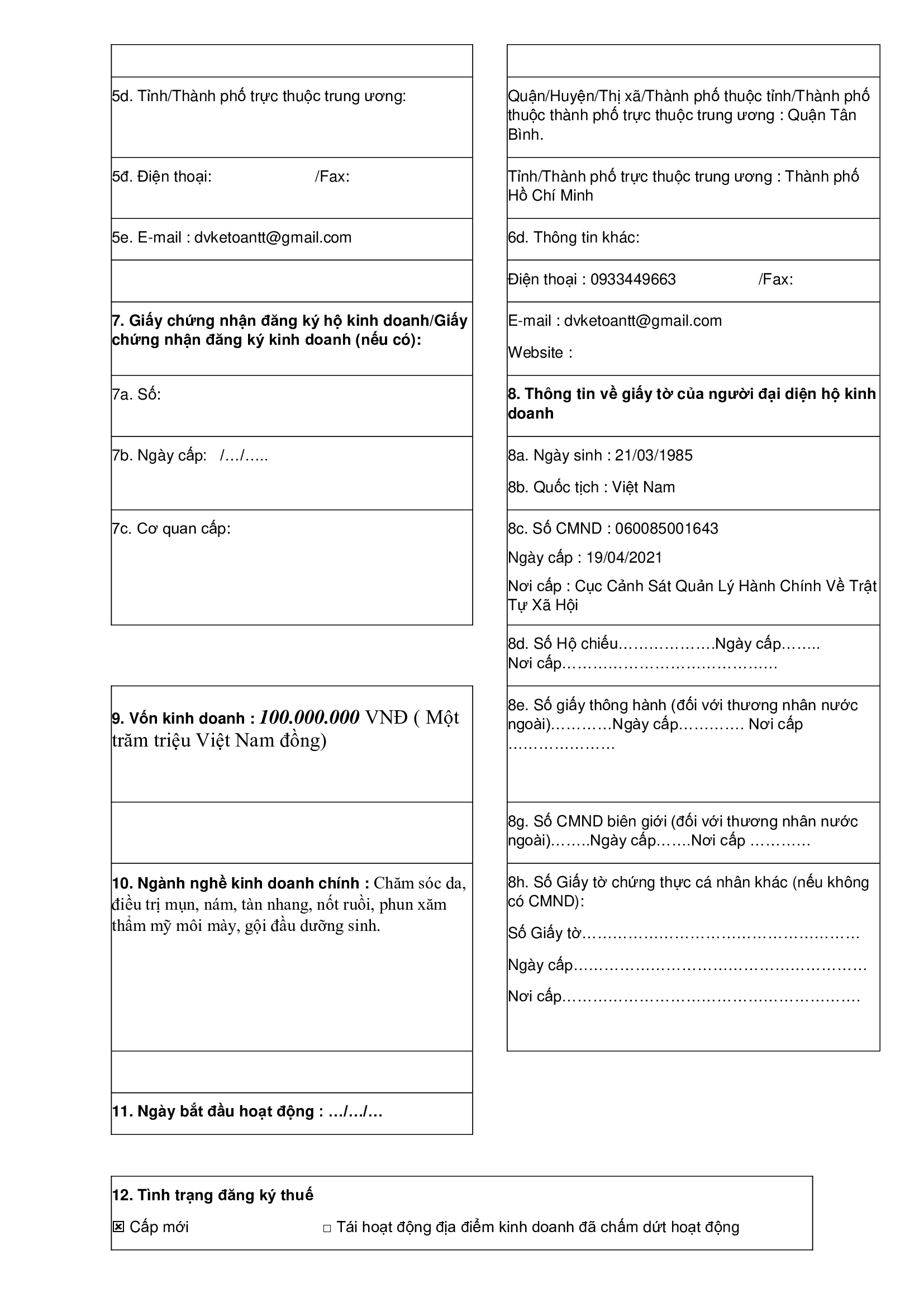 Tờ khai đăng ký thuế Thanh Trí Tờ khai đăng ký thuế Thanh Trí