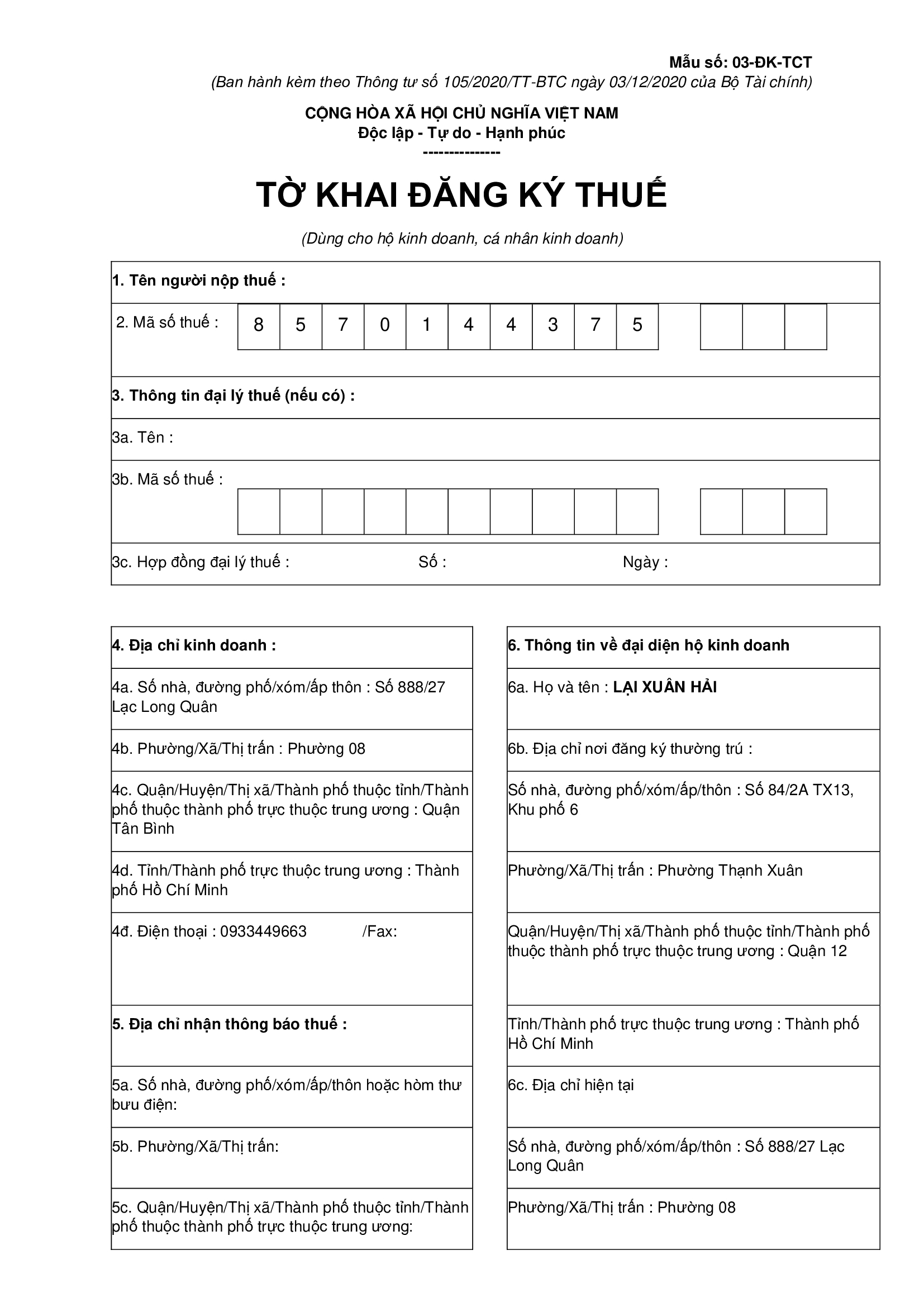 Tờ khai đăng ký thuế Thanh Trí Tờ khai đăng ký thuế Thanh Trí