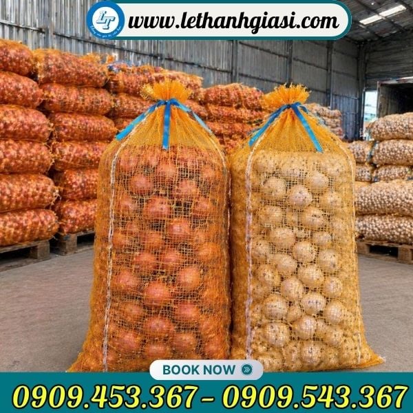 Bao tải lưới đựng màu vàng cam đựng hành tỏi Bao tải lưới đựng màu vàng cam