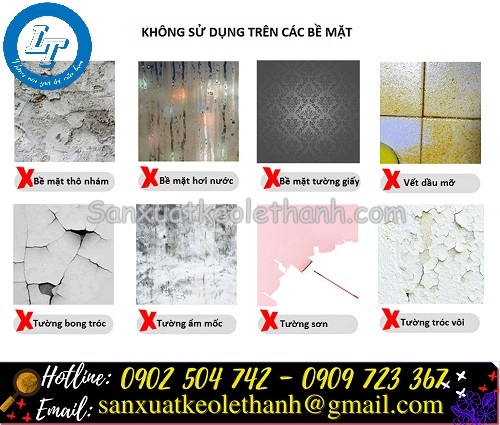 Lưu ý không sử dụng băng keo hai mặt trong suốt trên các bề mặt trên Lưu ý không sử dụng băng keo hai mặt trong suốt trên các bề mặt trên