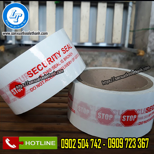 Băng keo in chữ STOP dán thùng màu trắng