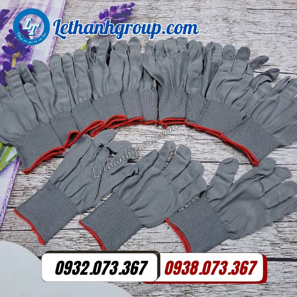bán găng tay thun kim 13 xám viền đỏ giá rẻ bao 500 đôi