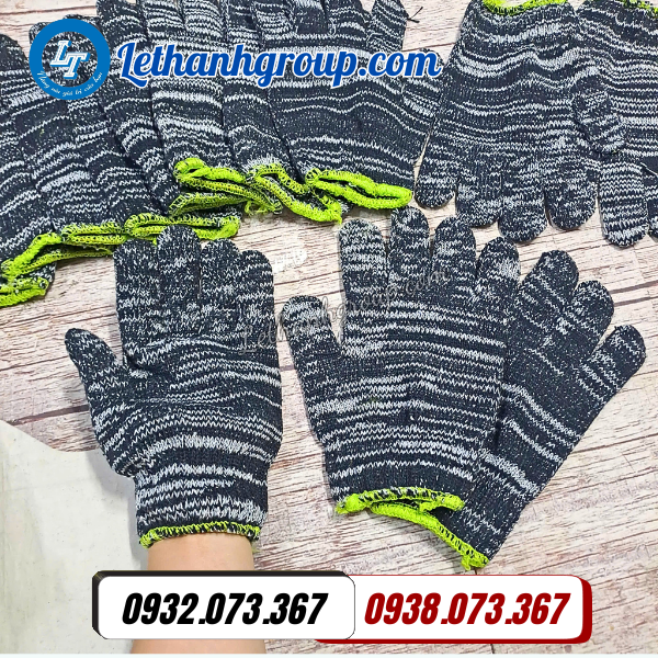 công ty sỉ găng tay len bảo hộ màu muối tiêu 80g viền xanh giá rẻ cho đại lý