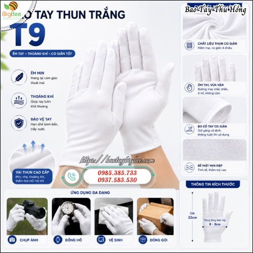 Bao tay thun trắng T9 chất mỏng linh hoạt thao tác dễ dàng. Bao tay thun trắng T9 chất mỏng linh hoạt thao tác dễ dàng.
