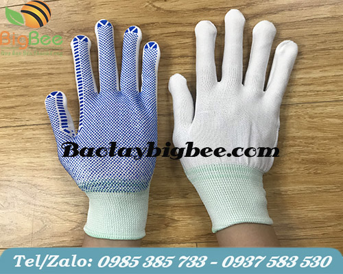 Bao tay thun cotton nhúng hạt nhựa màu xanh. Bao tay thun cotton nhúng hạt nhựa màu xanh.