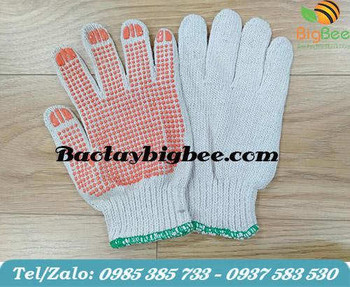 Găng tay len phủ hạt nhựa cam. Găng tay len phủ hạt nhựa cam.
