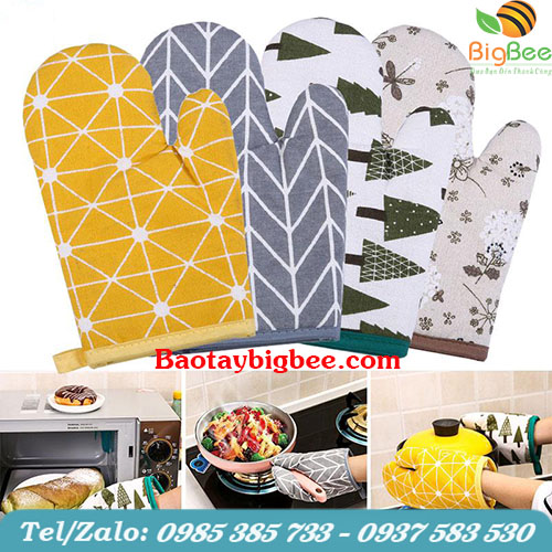 Găng tay làm bếp cách nhiệt vải bông Găng tay làm bếp cách nhiệt vải bông