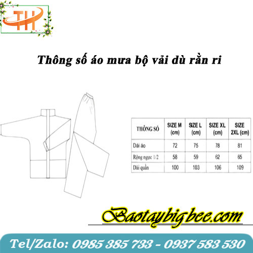 Thông số về bộ áo mưa vải dù rằn ri 2 lớp Thông số về bộ áo mưa vải dù rằn ri 2 lớp