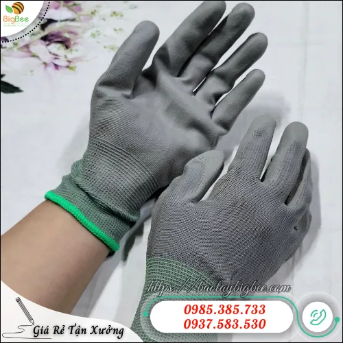 Găng tay phủ PU lòng bàn tay xám cho ngành điện tử, cơ khí, sản xuất