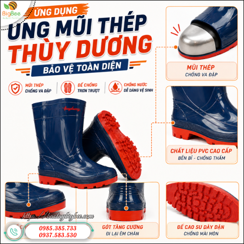 Ủng PVC mũi thép Thùy Dương chống va đập hiệu quả. Ủng PVC mũi thép Thùy Dương chống va đập hiệu quả.