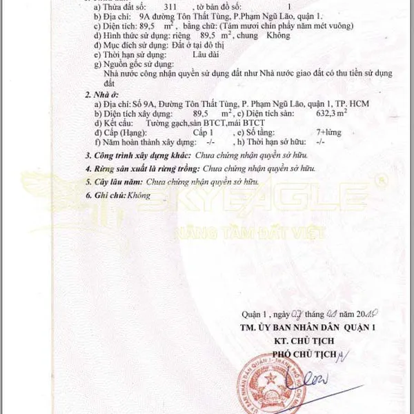 BÁN TÒA NHÀ VĂN PHÒNG – SỐ 9A TÔN THẤT TÙNG, QUẬN 1 – GIÁ 75 TỶ (838 TRIỆU/M²)