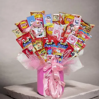 HỘP HOA BÁNH KẸO TONE ĐỎ HỒNG -HBK001