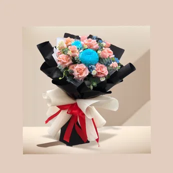 BÓ HOA HỒNG MIX CÚC MẪU ĐƠN XANH DƯƠNG - HB013