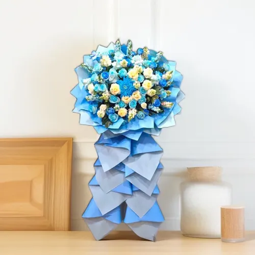 KỆ HOA KHAI TRƯƠNG TONE XANH DƯƠNG THEO PHONG CÁCH HIỆN ĐẠI - KCM011