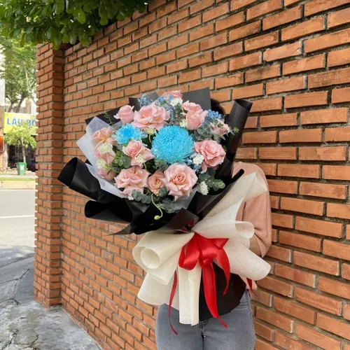 BÓ HOA HỒNG MIX CÚC MẪU ĐƠN XANH DƯƠNG - HB013