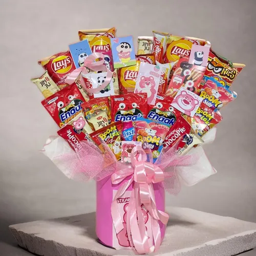 HỘP HOA BÁNH KẸO TONE ĐỎ HỒNG -HBK001