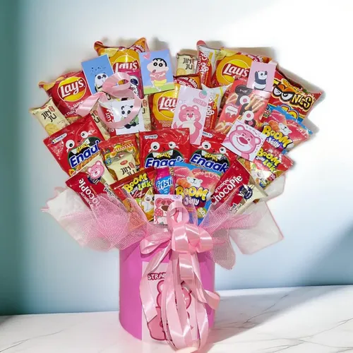 HỘP HOA BÁNH KẸO TONE ĐỎ HỒNG -HBK001