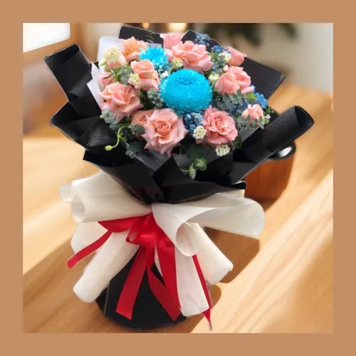 BÓ HOA HỒNG MIX CÚC MẪU ĐƠN XANH DƯƠNG - HB013