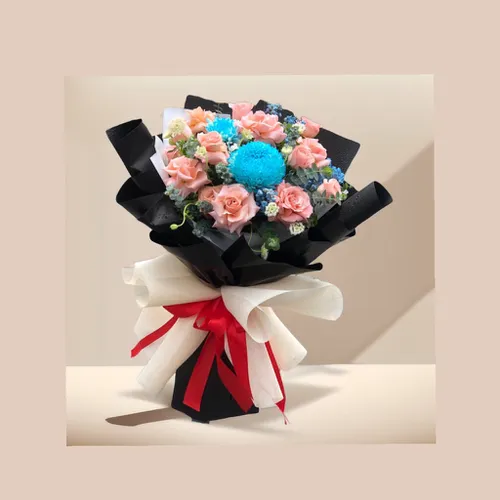 BÓ HOA HỒNG MIX CÚC MẪU ĐƠN XANH DƯƠNG - HB013