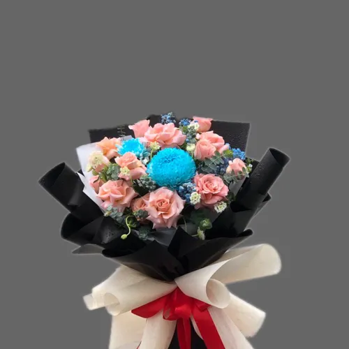 BÓ HOA HỒNG MIX CÚC MẪU ĐƠN XANH DƯƠNG - HB013