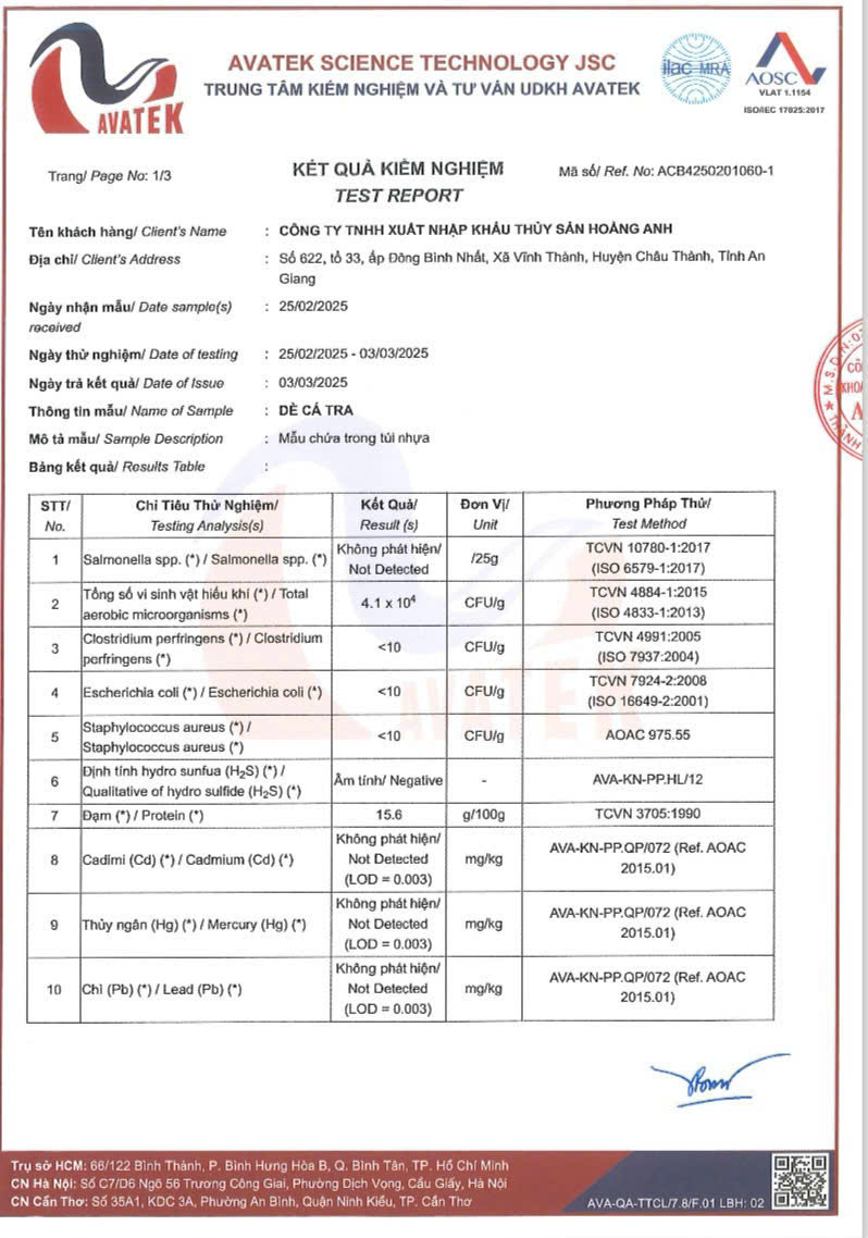 Kết quả test mẫu dè nạc cá basa.