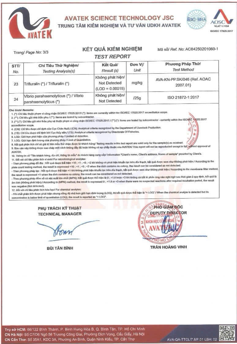 kết quả test mâu de sach cá basa