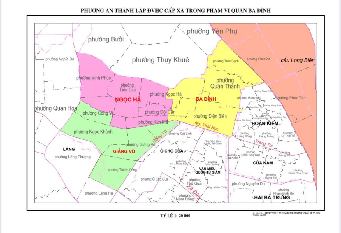 Bản đồ hành chính Quận Ba Đình sáp nhập thành 3 phường mới gồm: Phường Ba Đình, Giảng Võ, Ngọc Hà