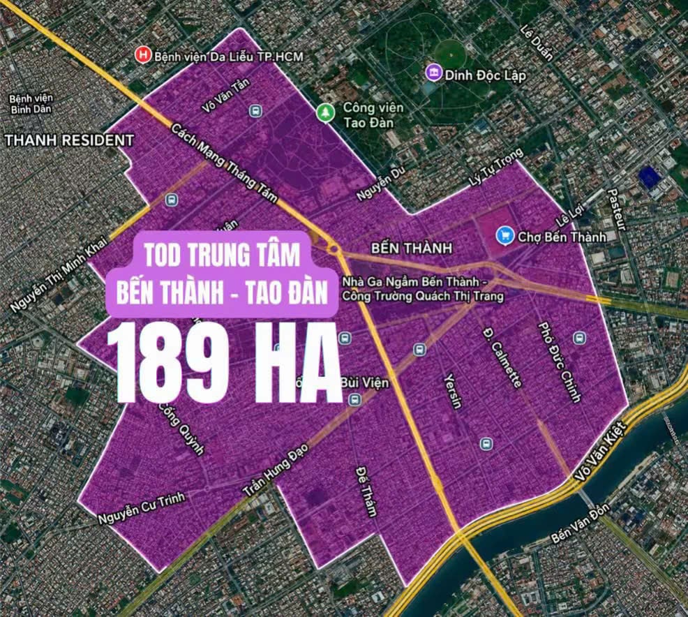 Ranh Quy hoạch TOD Khu vực 1 Ga Trung tâm Bến Thành - Tao Đàn 189h tuyến Metro số 2 Bến Thành - Tham Lương