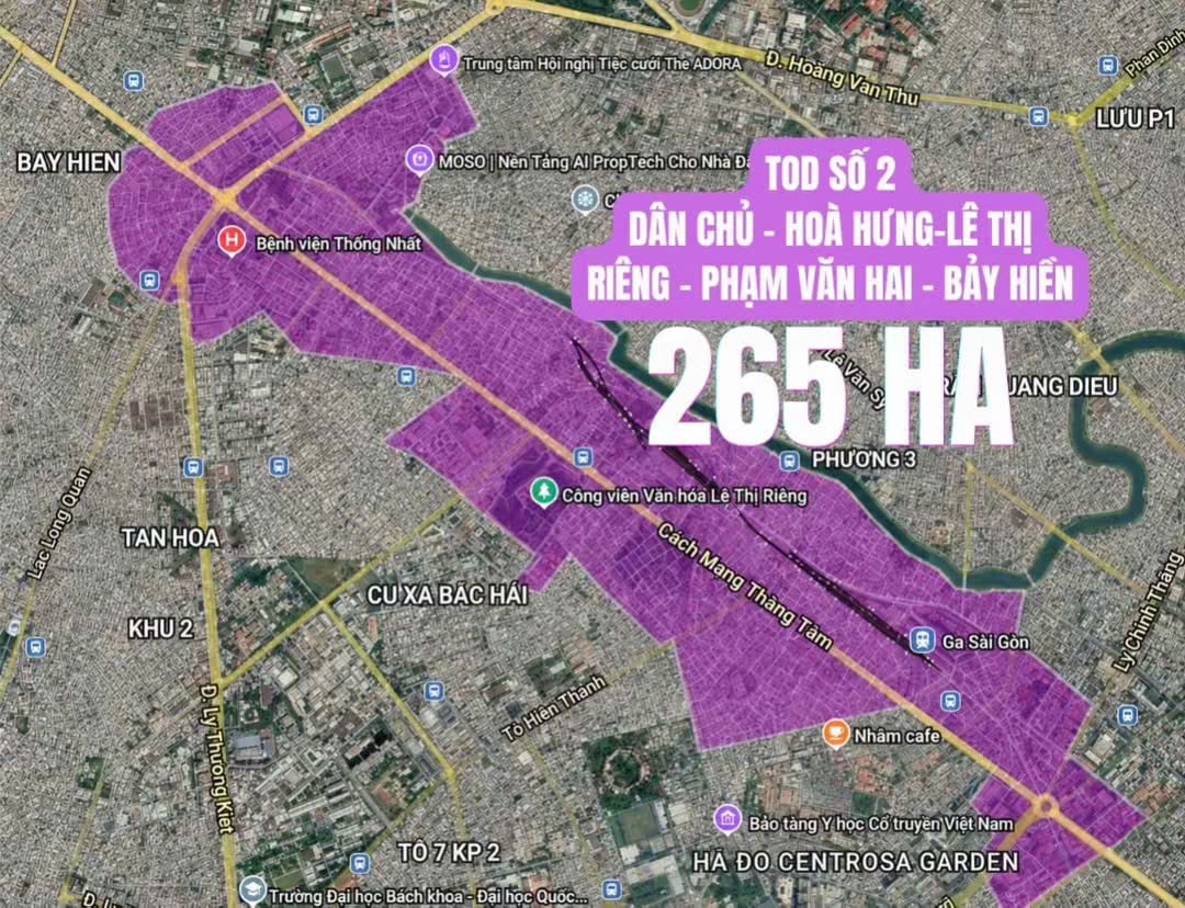 Ranh Quy hoạch TOD Khu vực 2 Dân Chủ - Hòa Hưng 265 ha tuyến Metro số 2 Bến Thành - Tham Lương