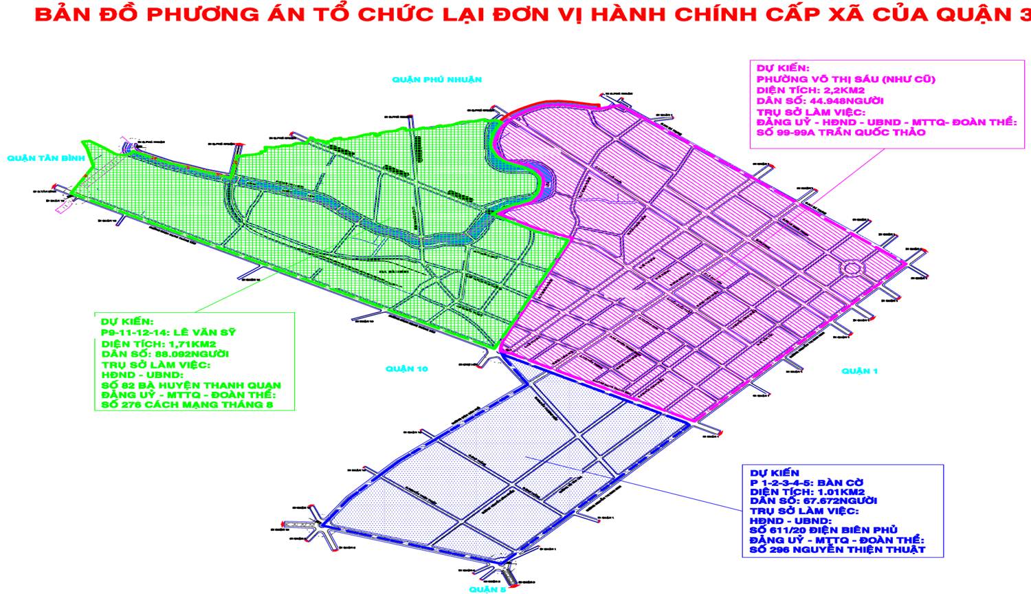 Bản đồ sáp nhập Quận 3 thành 3 phường mới: Bàn Cờ, Xuân Hòa, Nhiêu Lộc