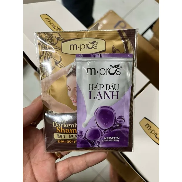 [Hộp 10 gói tặng 10 gói hấp dầu] Dầu gội nhuộm tóc thảo dược đen/ nâu đen phủ bạc 100% M.pros