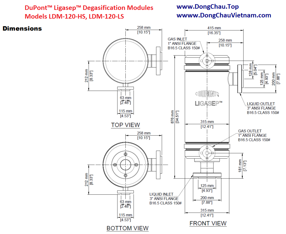 Kích thước màng lọc UF Dupont LDM-120-HS, LDM-120-LS bản vẽ chi tiết cấu tạo LDM-120-HS Màng lọc công nghiệp UF Dupont USA