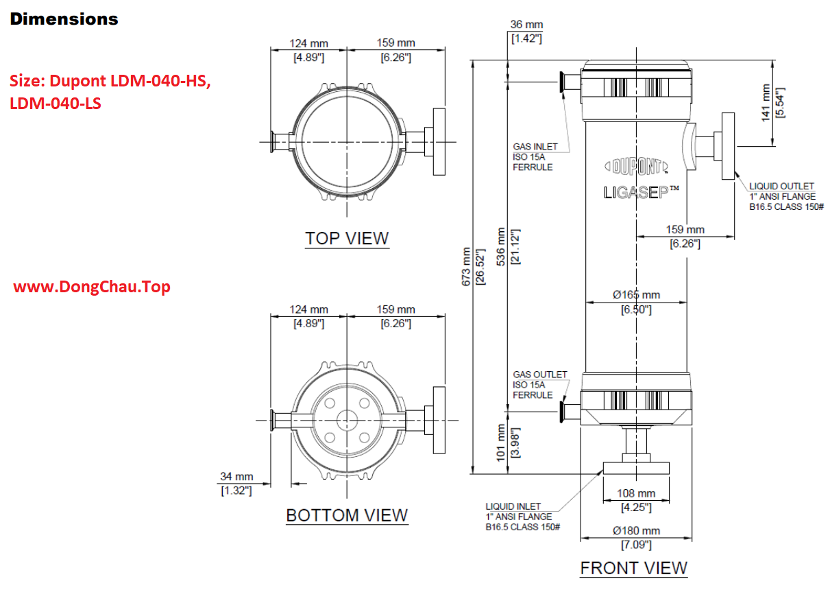 Kích thước màng UF Dupont LDM-040-HS, LDM-040-LS bản vẽ kỹ thuật Màng lọc UF Dupont LDM-040-HS, LDM-040-LS