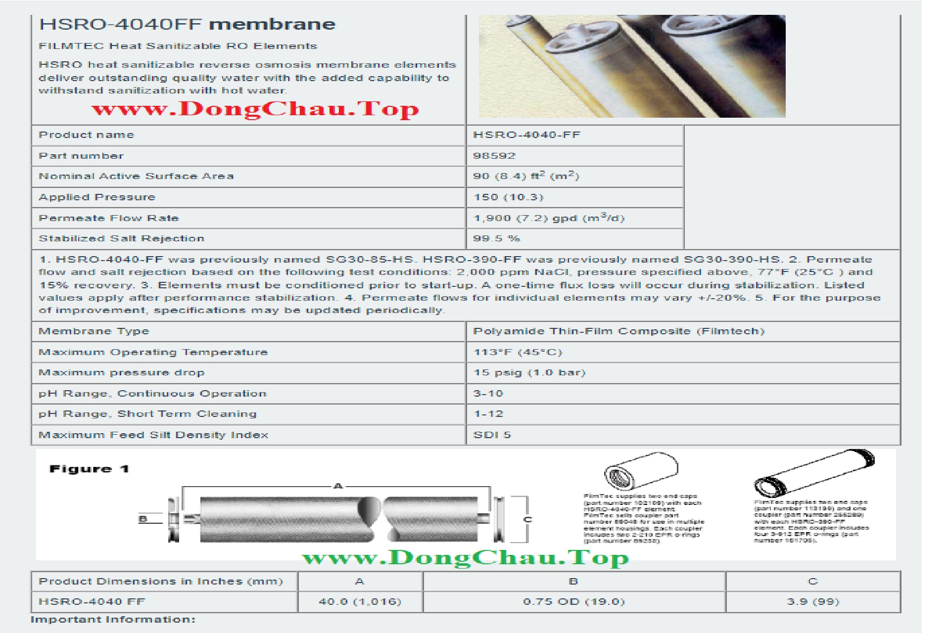 Thông số kỹ thuật màng RO Dupont: HSRO-4040-FF thông tin chi tiết xuất xứ HSRO-4040-FF Dupont Màng lọc RO nước nóng