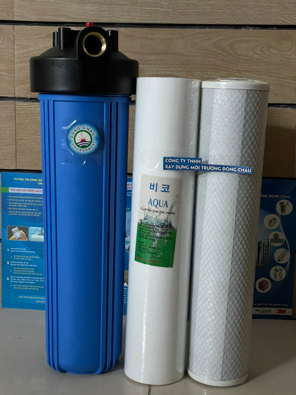 Vỏ lọc 20 inch màu xanh tương thích các loại lõi lọc dạng DOE như lõi bông nén, lõi than CTO, lõi giấy xếp chi tiết lõi lọc bên trong Cốc ly lọc thô xanh 20 inch