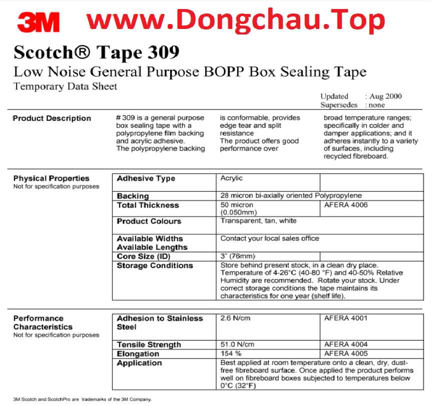 Thông số kỹ thuật băng keo trong 3M 309 dán thùng carton xuất khẩu Thông số kỹ thuật băng keo trong 3M 309 dán thùng carton xuất khẩu
