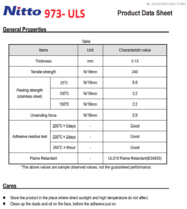 Khả năng chịu nhiệt độ theo thời gian của Nitto 973 thông số kỹ thuật Băng keo cách điện chịu nhiệt Nitto Tape 973ULS bản 13mm