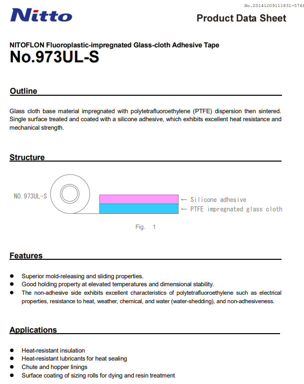 Thông tin cấu tạo Nitto 973 catalogue hướng dẫn dán Băng keo cách điện chịu nhiệt Nitto Tape 973ULS bản 13mm