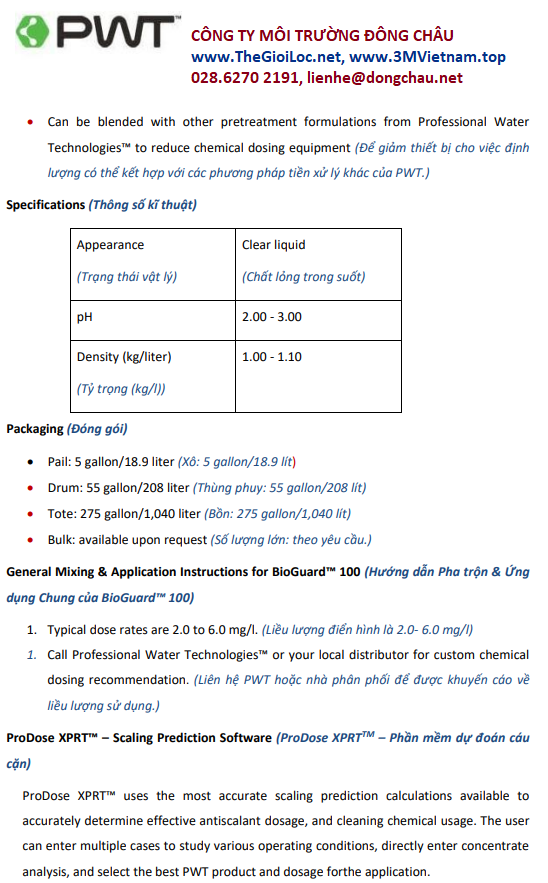 Catalogue BioGuar 100 PWT màng RO/ màng UF/ màng NF Catalogue BioGuar 100 PWT màng RO/ màng UF/ màng NF