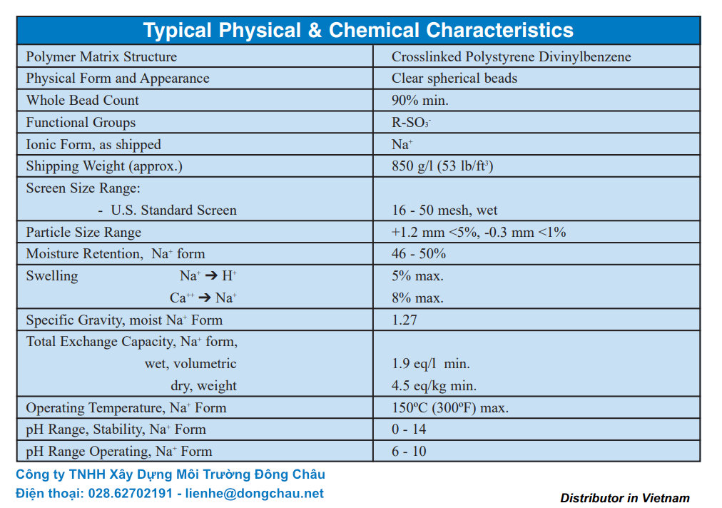 Thông số kỹ thuật của hạt nhựa C100E Purolite thông sốt vật liệu lọc C100E Hạt nhựa trao đổi Cation Purolite