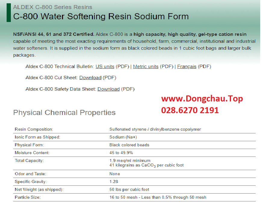 Catalogue C800 Aldex, Thông tin hạt nhựa C800 Aldex thông số kỹ thuật Hạt nhựa cation giá rẻ c-800 aldex