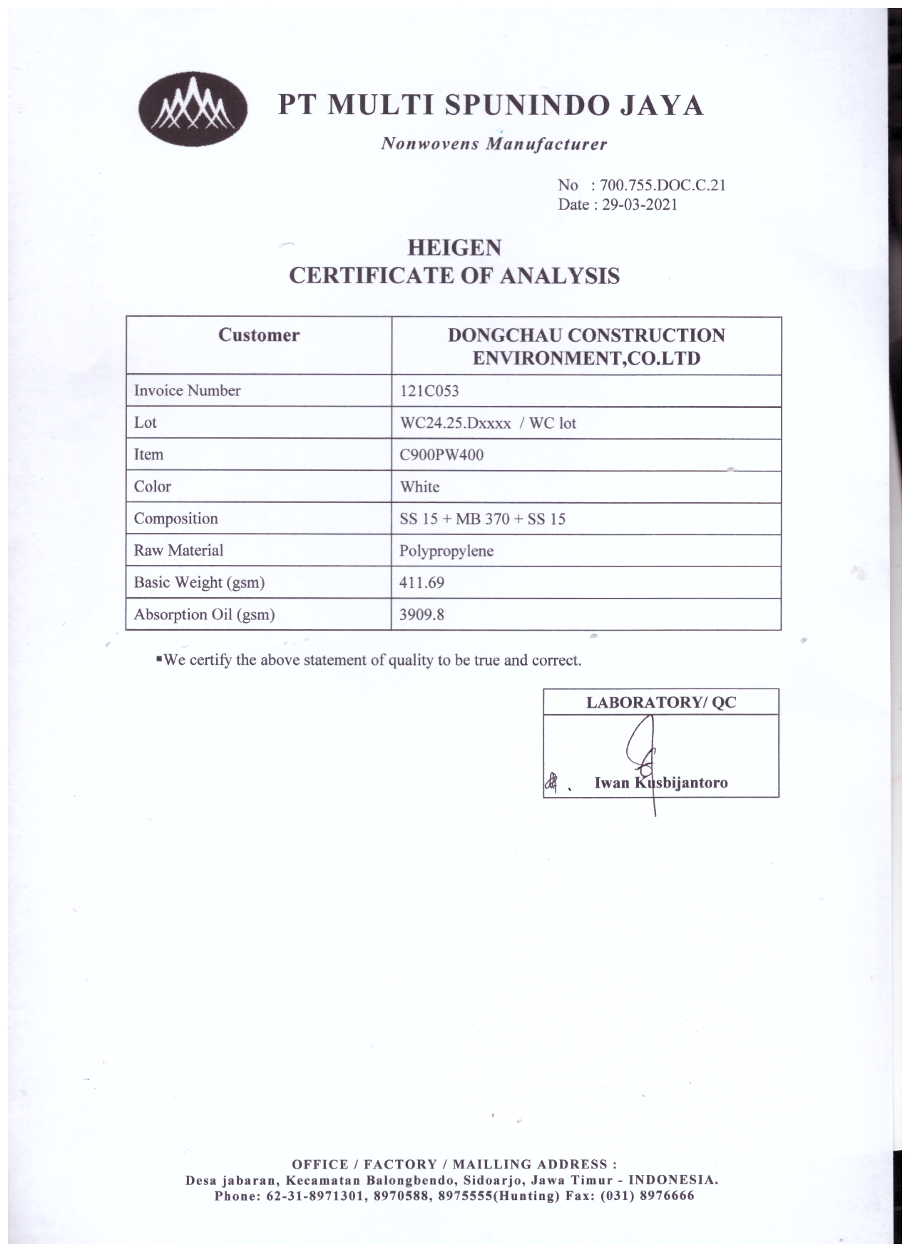 Chứng nhận phân tích tấm thấm hút dầu Oil absorbent pad Indo Chứng nhận phân tích tấm thấm hút dầu Oil absorbent pad Indo