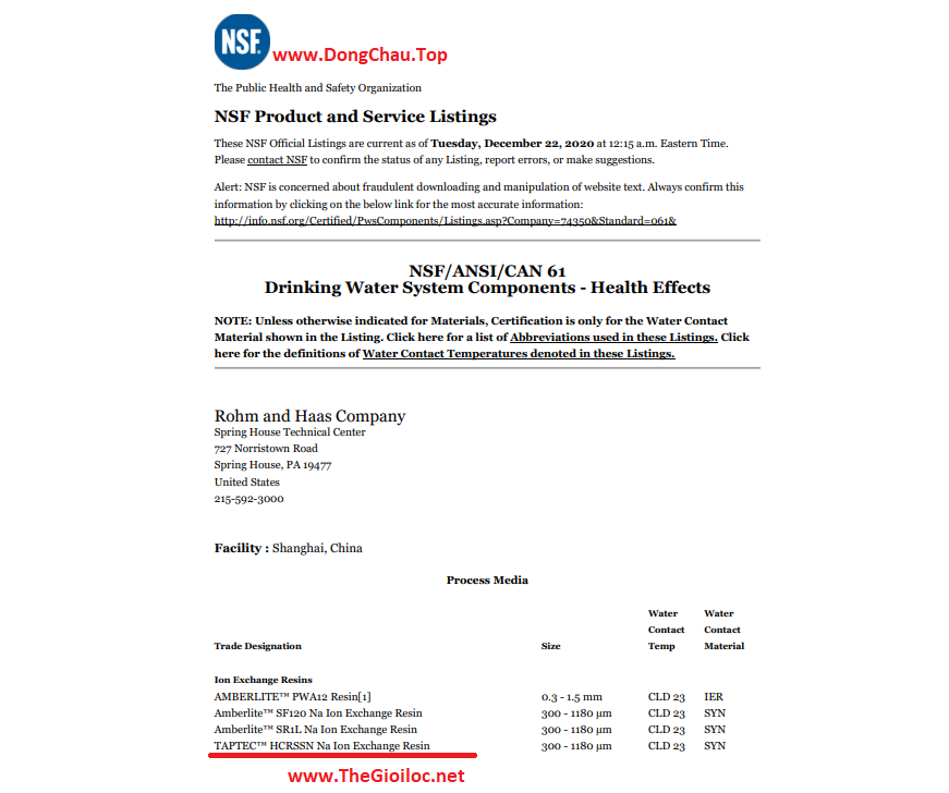 Chứng nhận hạt nhựa Dupont phù hợp tiêu cchuảnan toàn cho sức khỏe chứng nhận chất lượng Dupont HCRSSN Na Hạt nhựa làm mềm nước