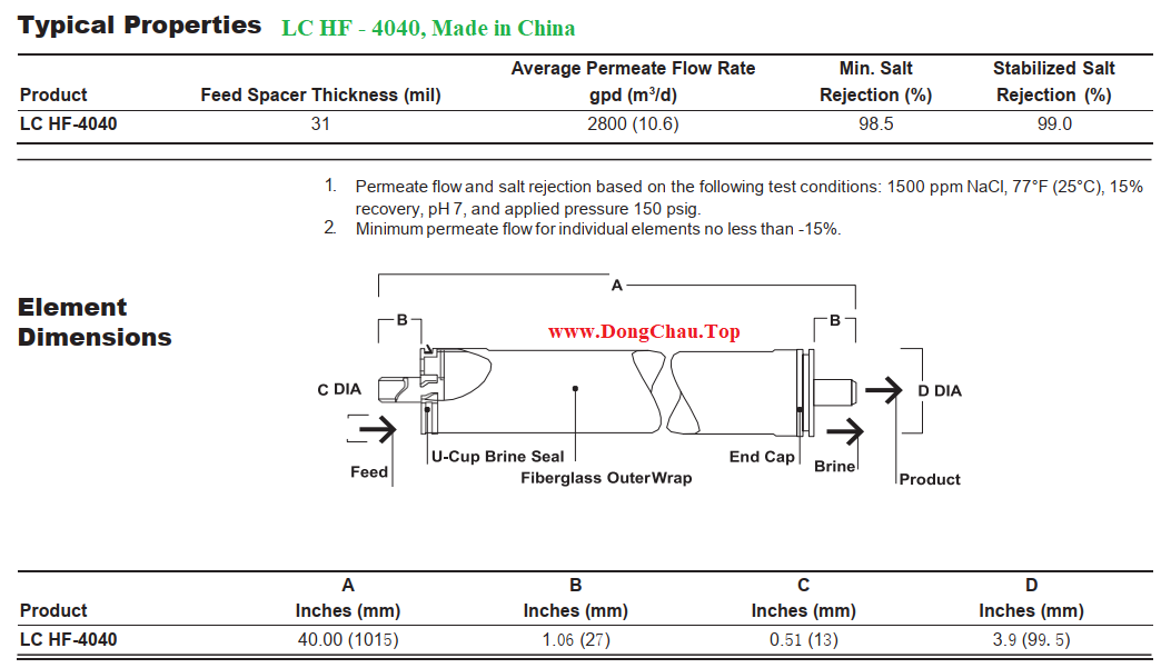 Thông số kỹ thuật màng LC HF 4040 Dupont China thay thế màng Vontron 4040, thay thế màng LG Chem 4040 thông số Màng RO TT LC HF 4040 Dupont (China) thay thế cho dòng Vontron, LG Chem | Đông Châu Việt Nam phân phối sỉ toàn quốc