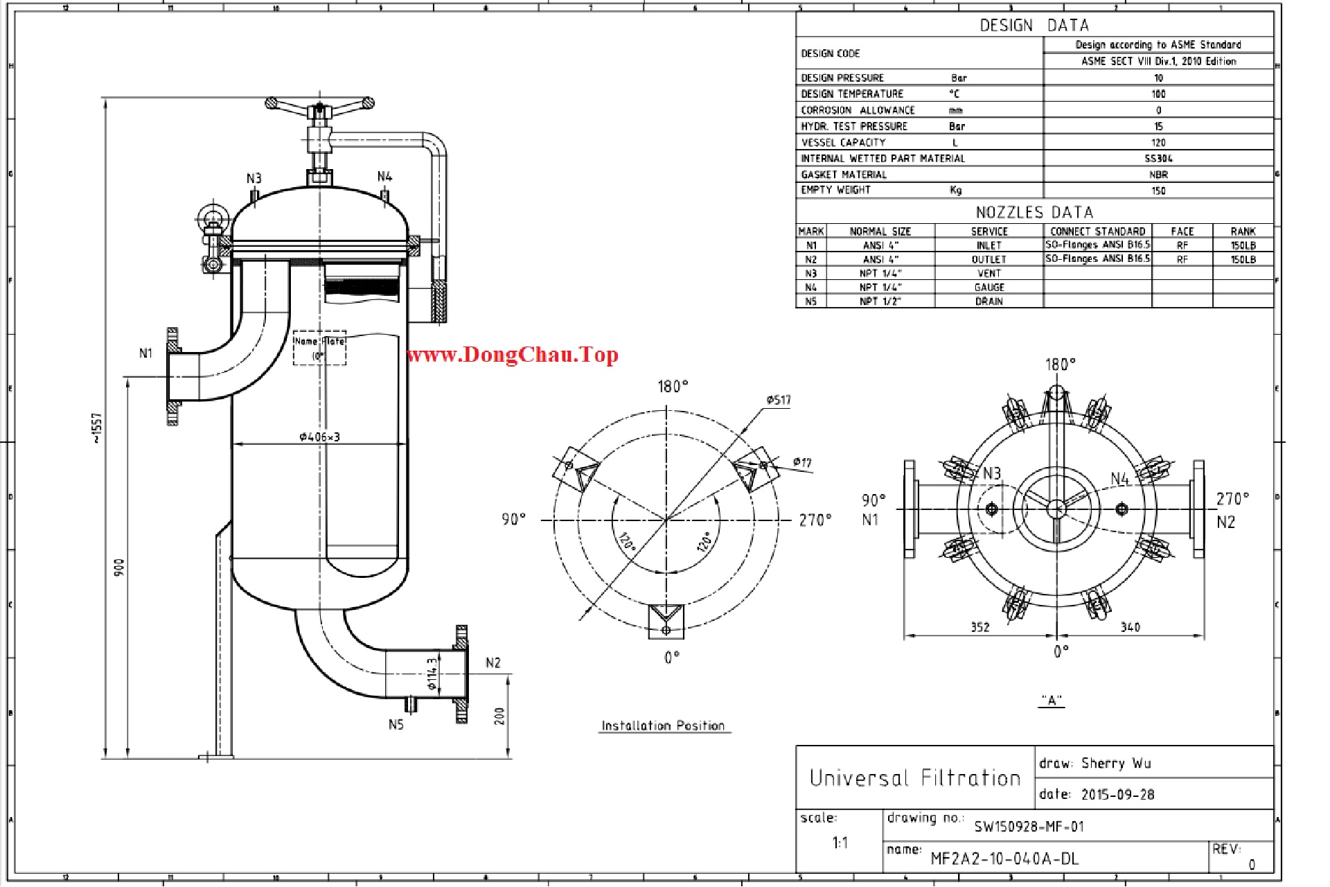 Thông số kỹ thuật bản vẽ chi tiết bình MF2A2 Universal Bản vẽ kỹ thuật chi tiét của bình lọc chứa 2 túi size 2 Universal Singapore