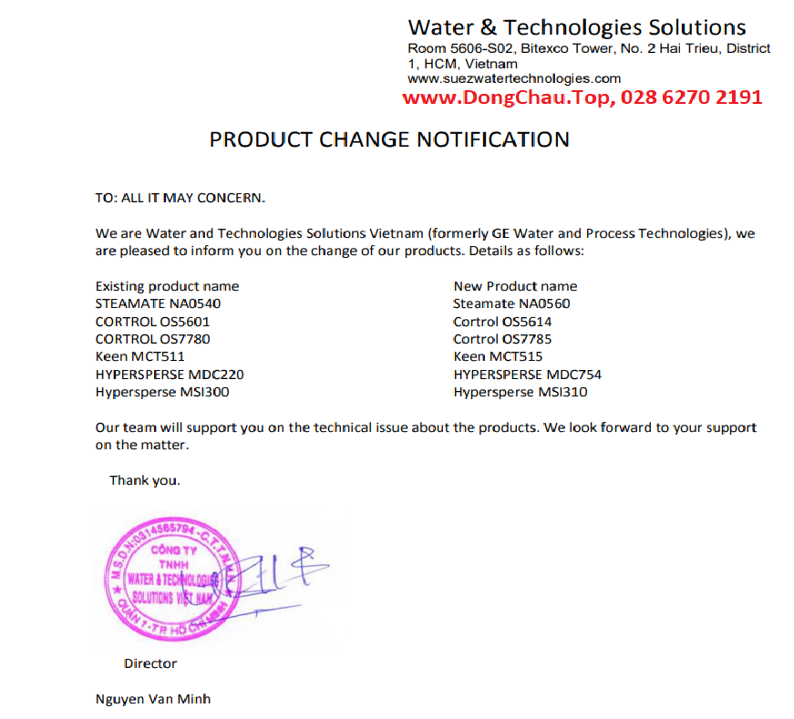 Thông báo thay đổi mã hàng MSI300 thành MSI310 của Suez thông tin xuất xứ MSI 310 Hóa chất suez chống cáu cặn màng lọc RO